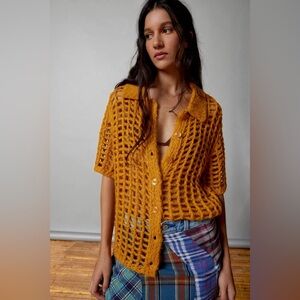 NWT- BDG Urban Outfitters Osaka Open-Knit Polo Sweater in Mustard Yellow
